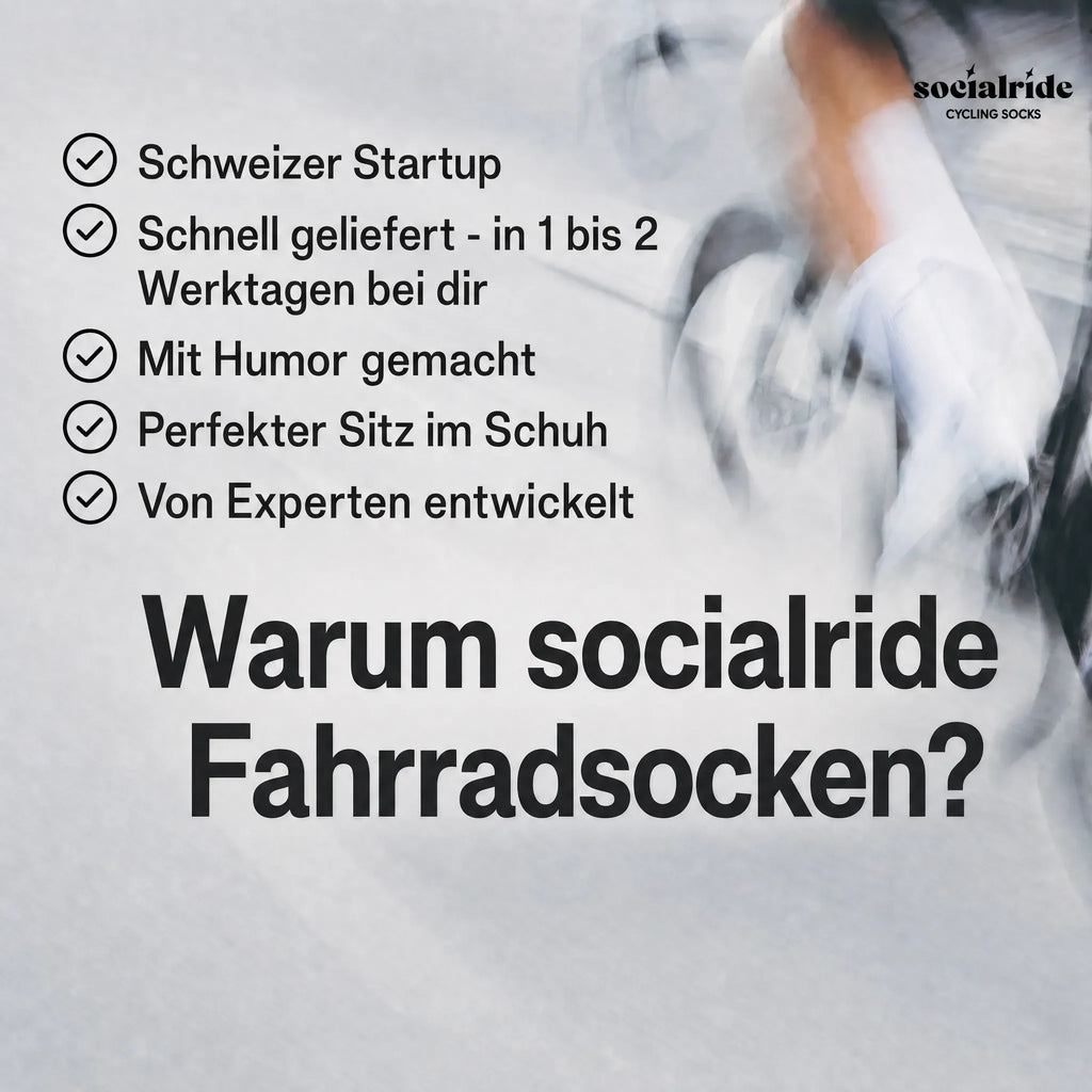 Vorteile von socialride Fahrradsocken. schnelle Lieferung. Schweizer Startup. Von Experten entwickelt.