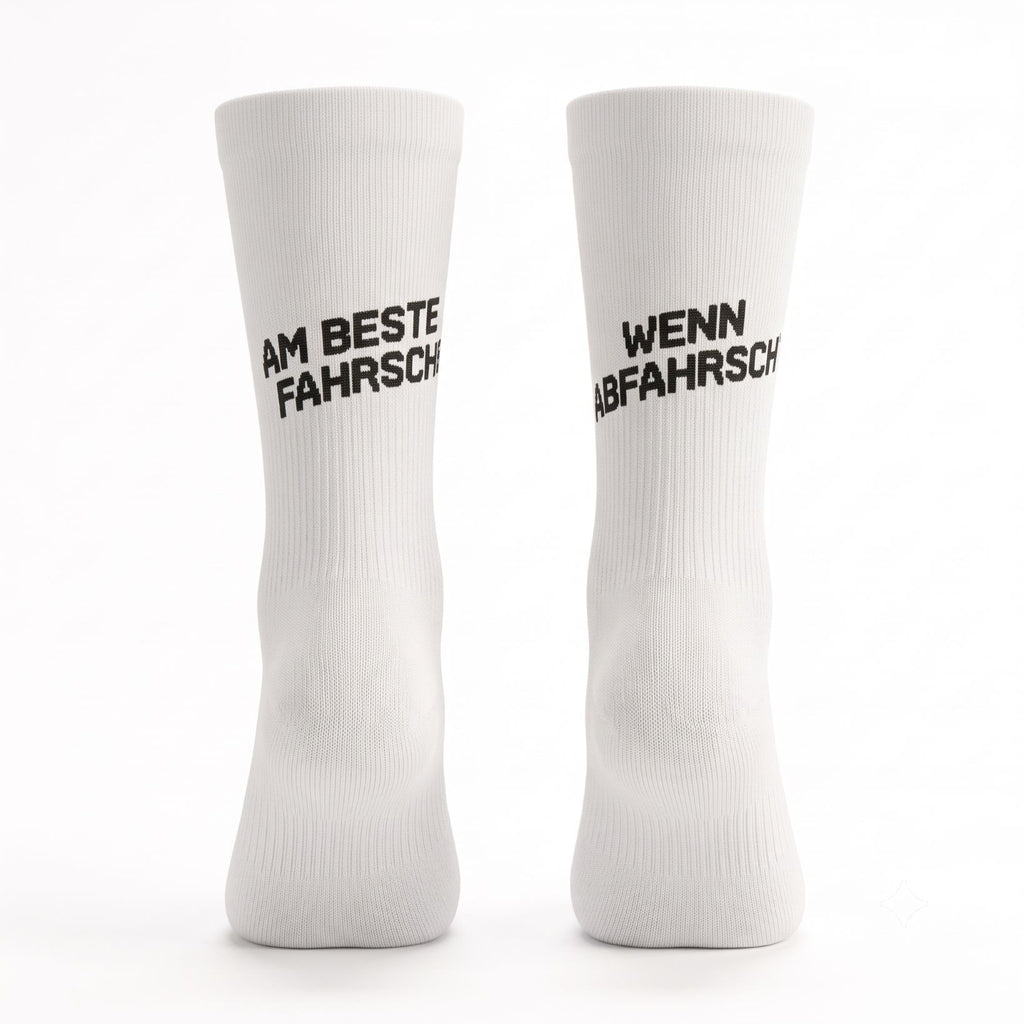 Schweizer Radsocken mit Spruch "Am beste fahrsch wenn abfahrsch", socialride.ch
