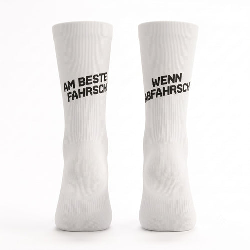 Schweizer Radsocken mit Spruch "Am beste fahrsch wenn abfahrsch", socialride.ch
