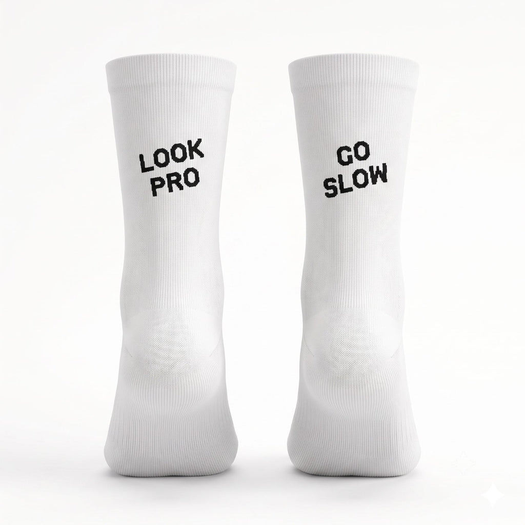 Weisse Cycling Socken Schweiz mit Spruch "Look Pro, Go Slow"