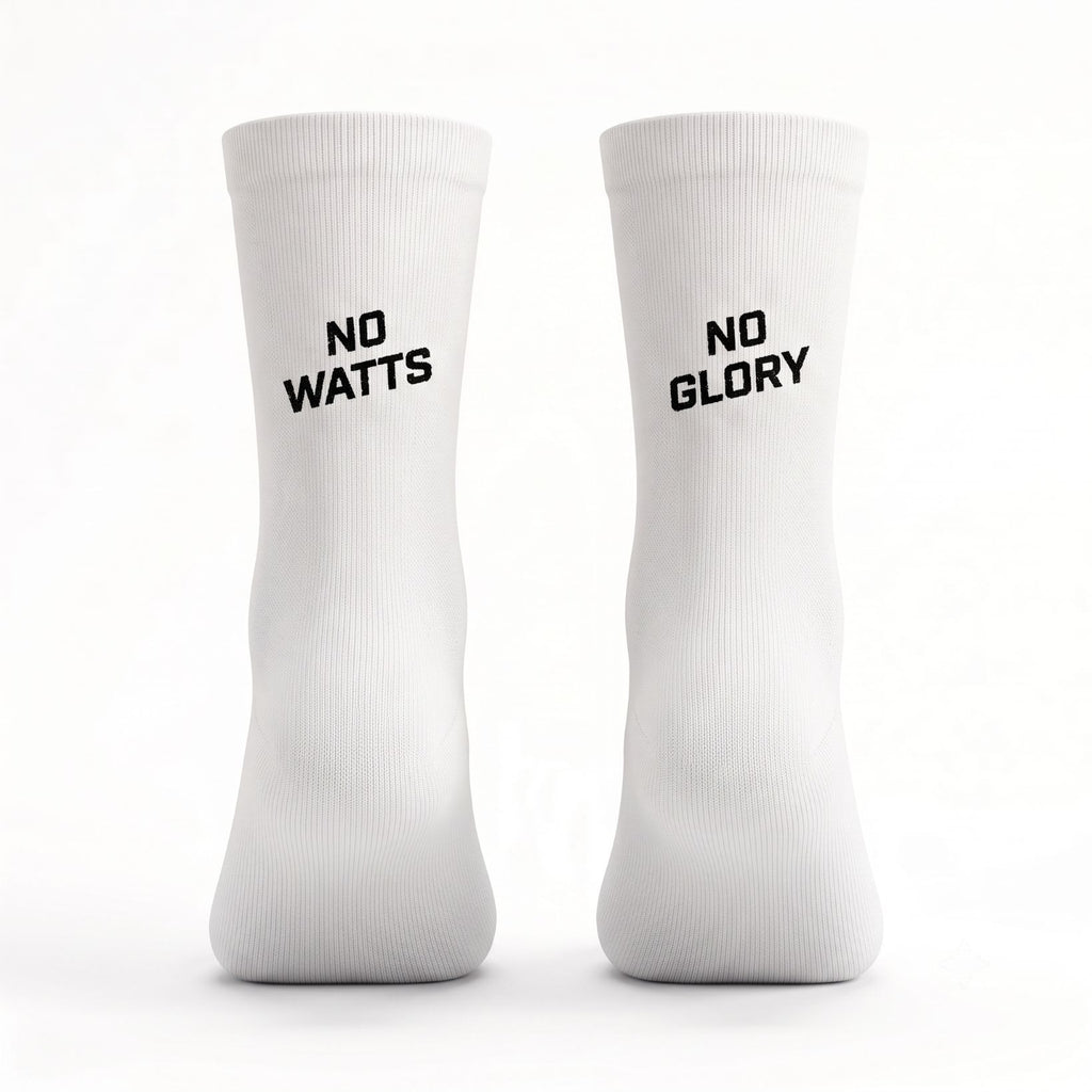 Weisse Radsocken mit Design "No Watts No Glory" von Socialride